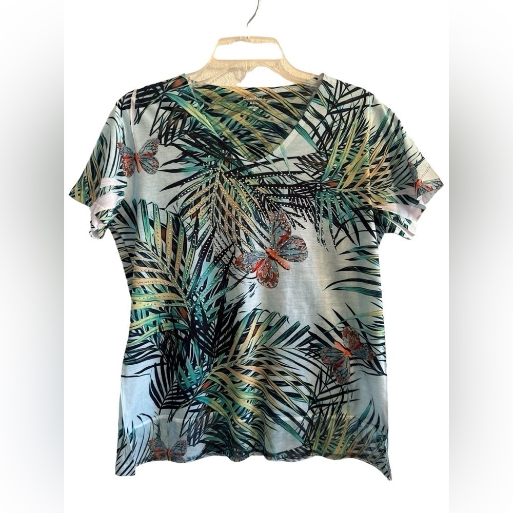 Essentals Milano Sparkling Tropical Palms Butterfly Tee Shirt Womens Medium
